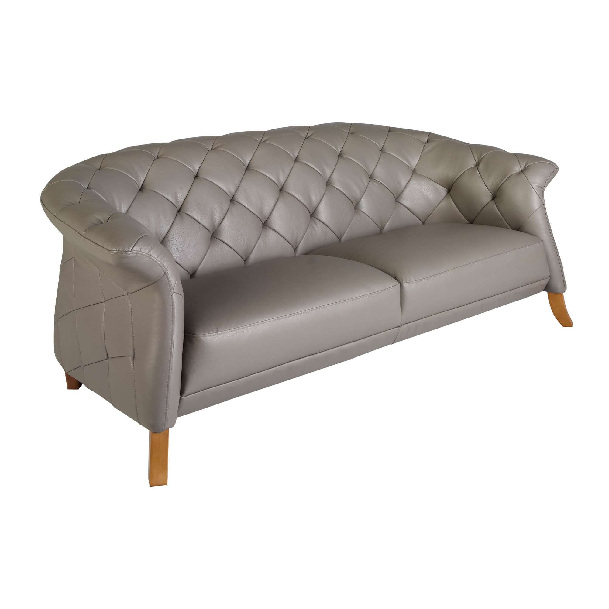 Sofá Chester de 2 plazas tapizado en piel de origen vacuno en gris patas de madera en miel 207x104x82cm