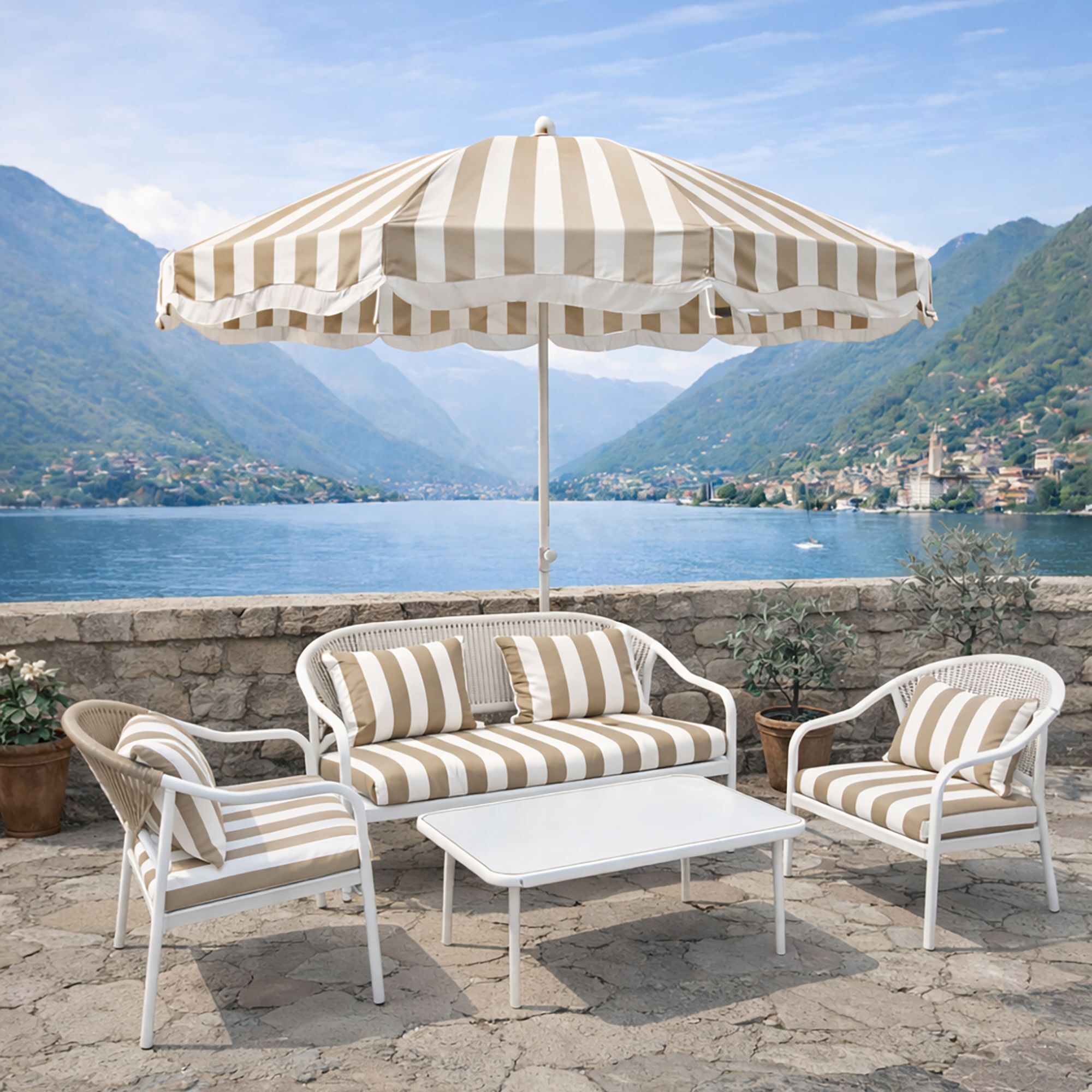 Ensemble salon  jardin en acier  avec parasol blanc et taupe positano