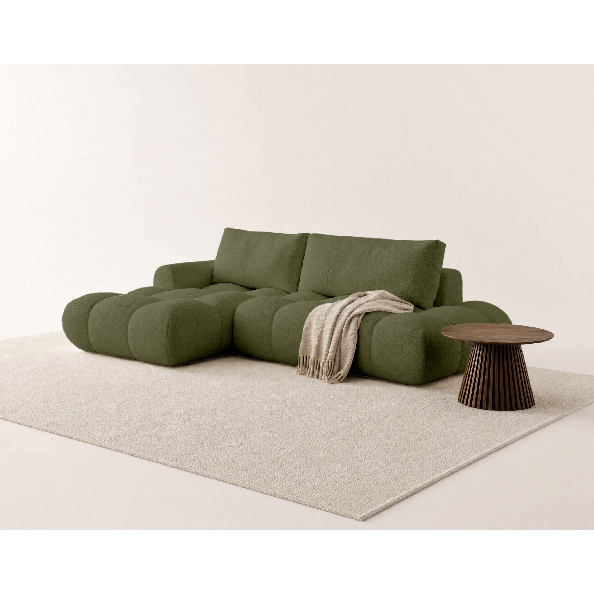 Yulin - Canapé d'angle ouvert gauche 4 places convertible avec coffre en tissu bouclette - Vert