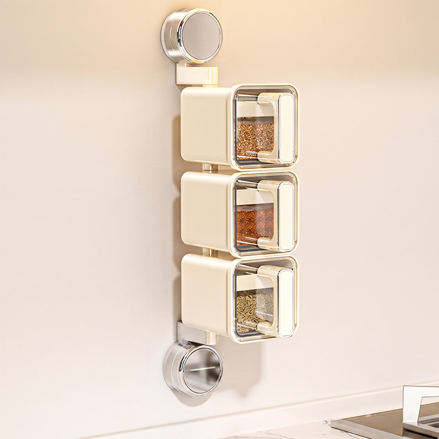 Organizador transparente para especias de cocina montado en la pared con ventosas, asas ergonómicas con cuerpo giratorio 180°, 3 compartimentos