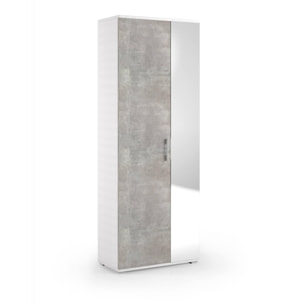 Scarpiera Tarassaco, Mobile multiuso da ingresso con anta a specchio , Armadio moderno portascarpe a 6 ripiani, 100% Made in Italy, Cm 72x37h195, Bianco e Cemento