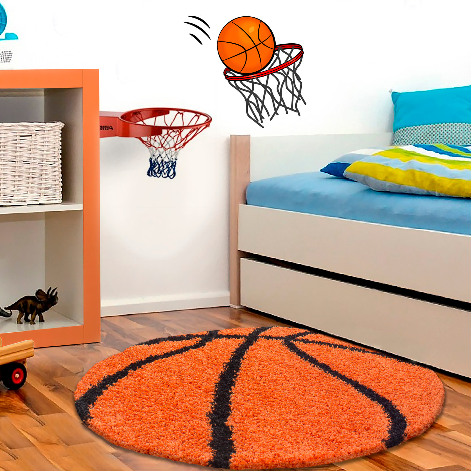 FUN - Tapis enfant shaggy rond à poils long motif ballon de basket orange