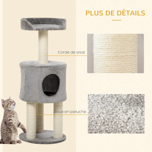 Arbre à chat griffoirs sisal naturel arbre à grimper H.103 cm niche plateforme d'observation peluche grise