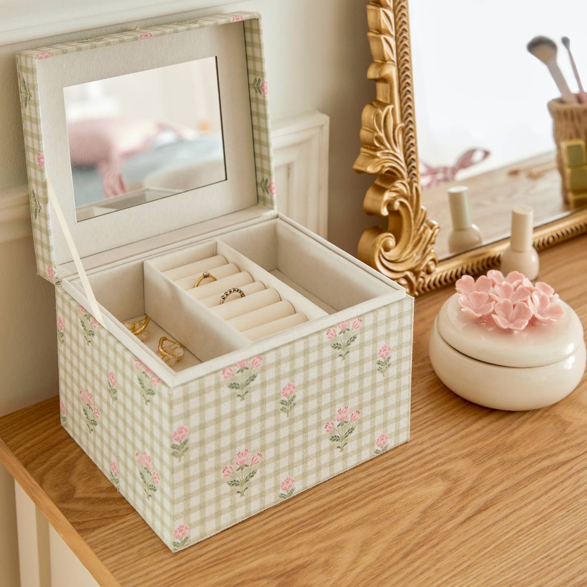 Boîte à bijoux avec miroir Fleur de rose 18x15x13,2cm vert