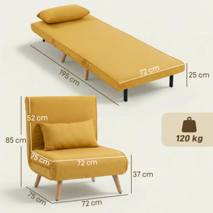 Sofá Cama Individual 3 en 1, Sillón Cama Plegable con Respaldo Ajustable en 5 Posiciones, Asiento Amplio, Almohada Acolchada, Patas de Madera, 72x75x85 cm, Amarillo