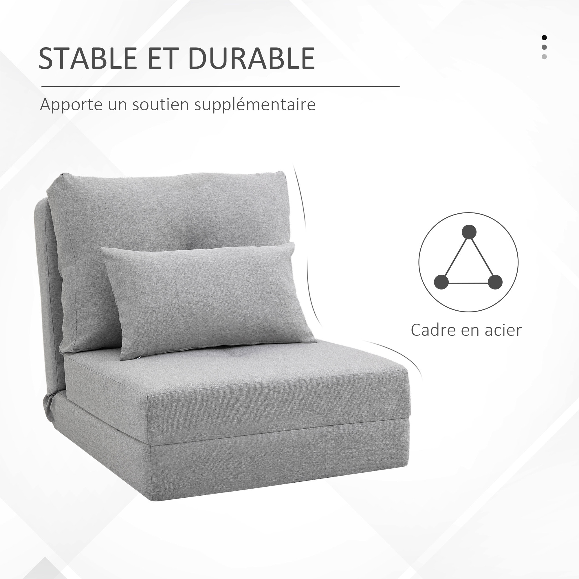 Chauffeuse dossier inclinable - fauteuil convertible - 2 coussins inclus - tissu lin gris clair