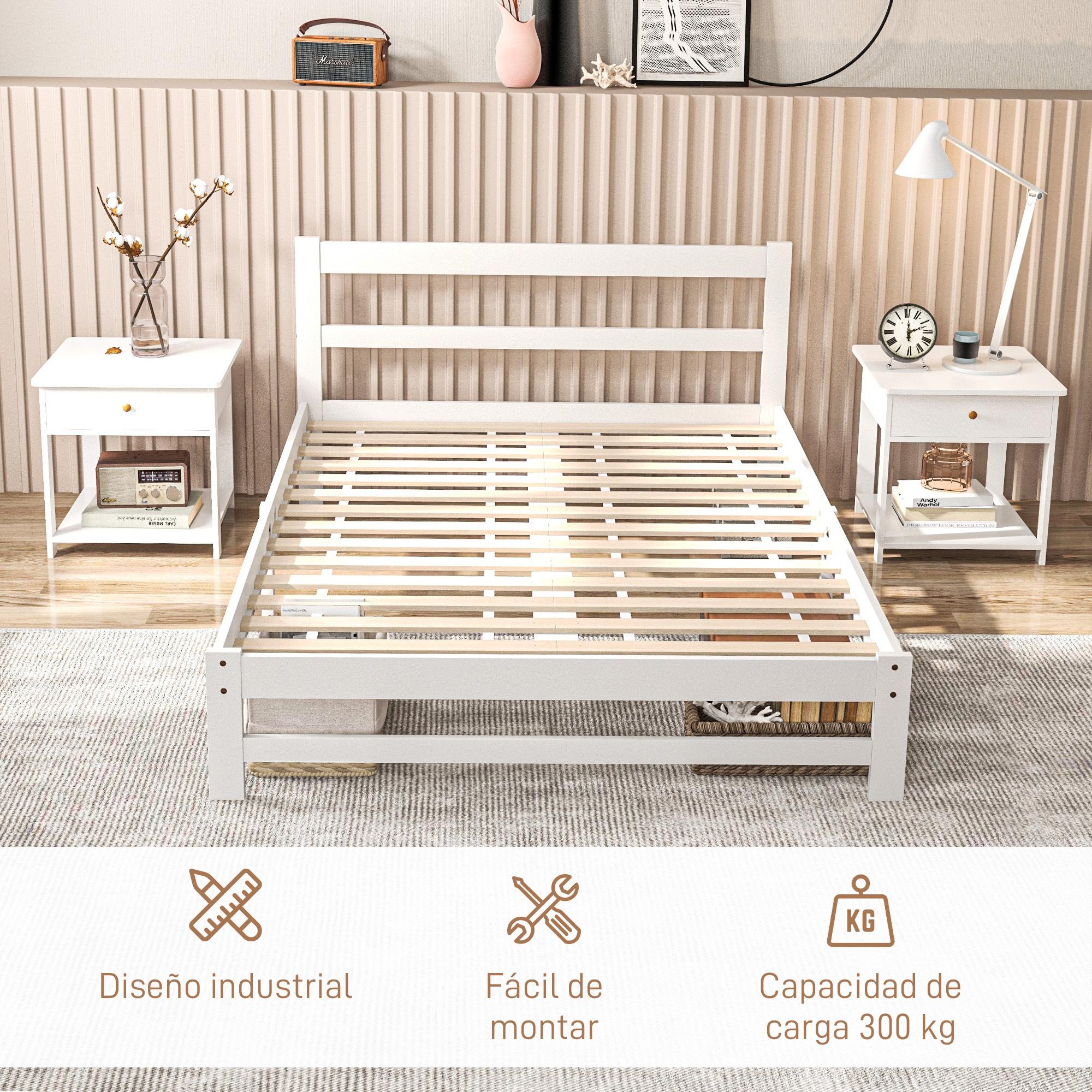 Marco de Cama de Madera 195x141 cm Estructura de Cama Somier Doble para Colchón de 135x190 cm (no incluido) Carga 300 kg Blanco