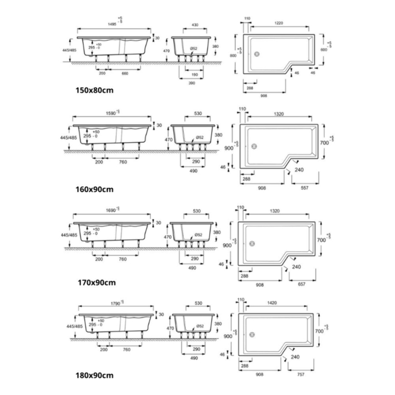 Pack baignoire bain douche antidérapante 170 x 90 Neo version gauche + pare bain chromé + tablier en angle
