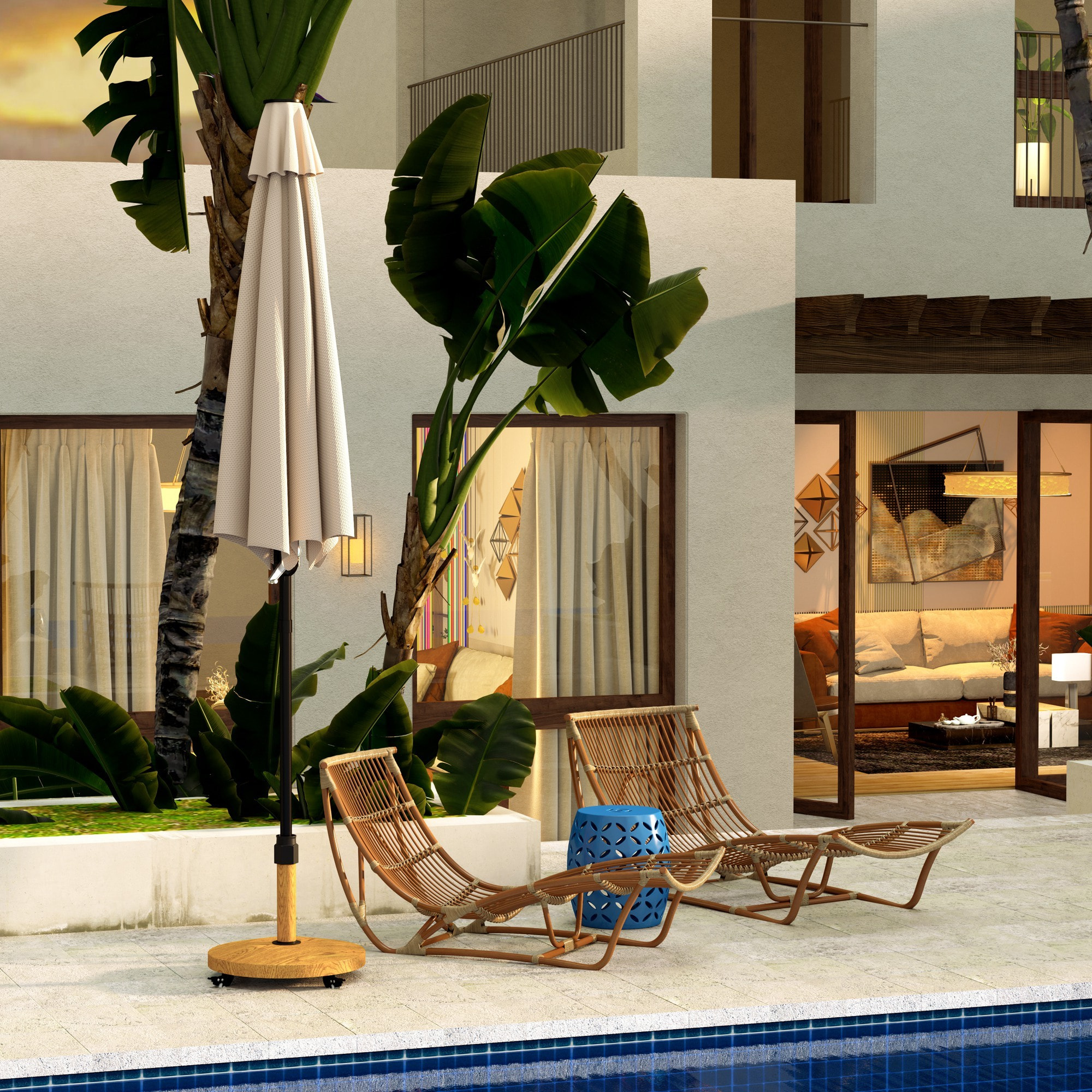 Base para Sombrilla Redonda Soporte para Parasol con Ruedas Pie para Sombrilla con Relleno de Cemento Peso 24,5 kg para Jardín Terraza Natural