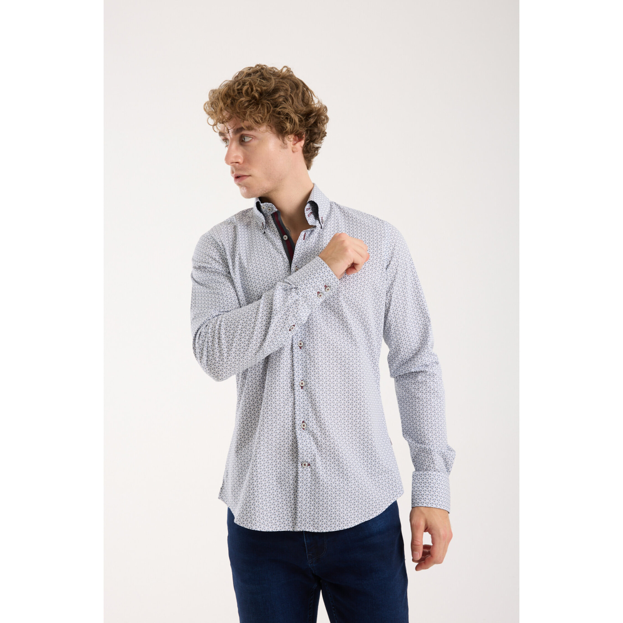 Camicia Uomo 2 Bottoni Button Down Slim Popeline Stretch Stampato Bianco e Blu