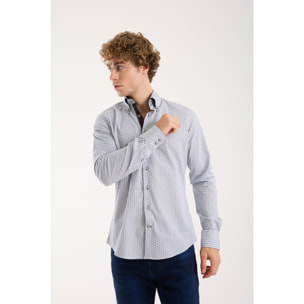Camicia Uomo 2 Bottoni Button Down Slim Popeline Stretch Stampato Bianco e Blu
