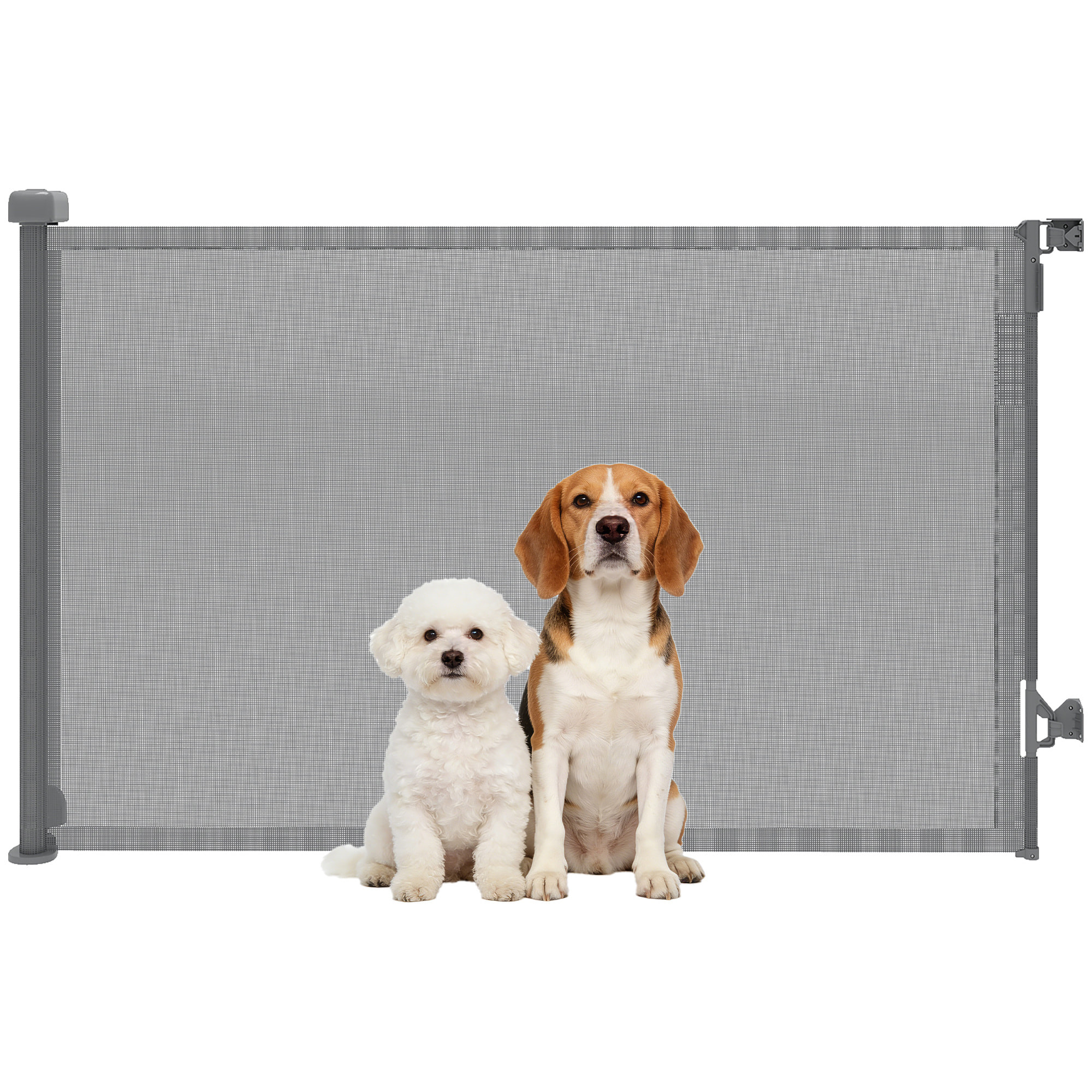 Barrera de Seguridad para Perros Retráctil, Extensible hasta 140 cm de Ancho y 93 cm de Alto, para Escaleras y Puertas, Valla para Perros Pequeños y Medianos, Uso con Una Sola Mano, Gris
