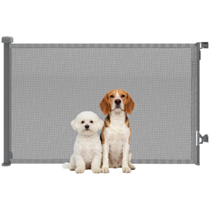 Barrera de Seguridad para Perros Retráctil, Extensible hasta 140 cm de Ancho y 93 cm de Alto, para Escaleras y Puertas, Valla para Perros Pequeños y Medianos, Uso con Una Sola Mano, Gris