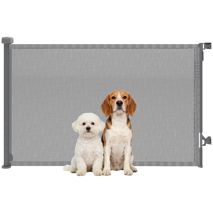 Barrera de Seguridad para Perros Retráctil, Extensible hasta 140 cm de Ancho y 93 cm de Alto, para Escaleras y Puertas, Valla para Perros Pequeños y Medianos, Uso con Una Sola Mano, Gris