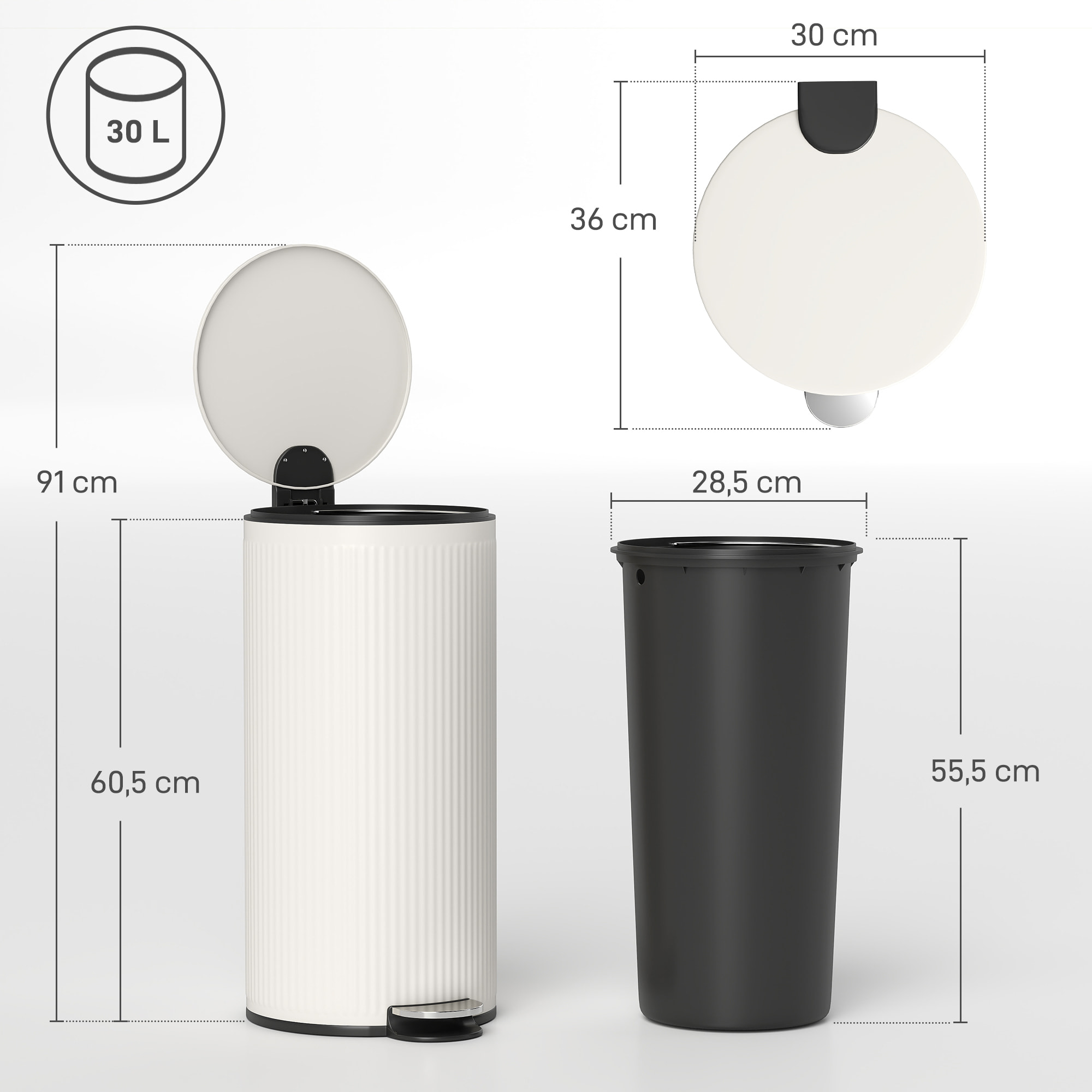 Cubo de Basura Cocina con Pedal, 30L, Papelera de Cocina Metálico con Tapa de Cierre Suave y Cubo Extraíble, para Dormitorio, Oficina, Estudio y Salón, 36x30x60,5 cm, Crema