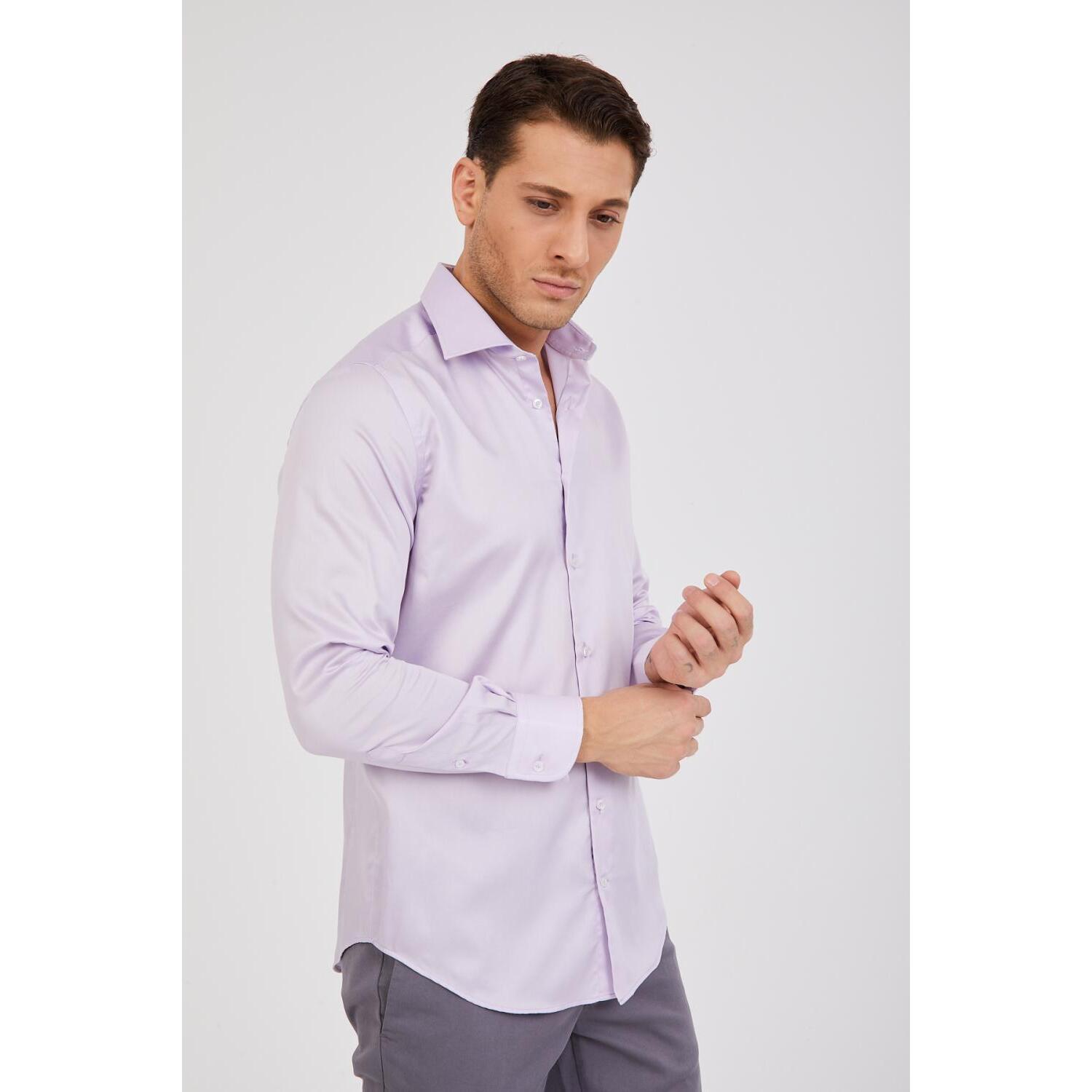 Camicia Uomo 1 Bottone Francese Slim Satin Unito Lilla