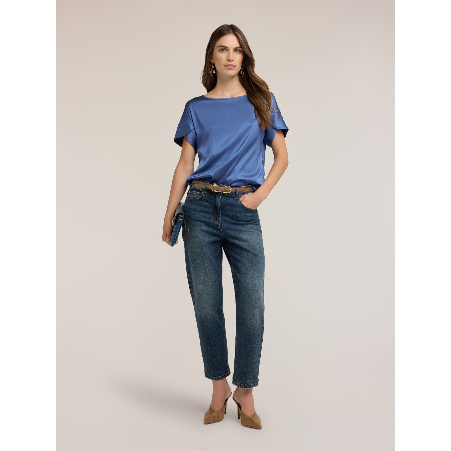 Motivi - Blusa in raso con maniche a petalo - Blu