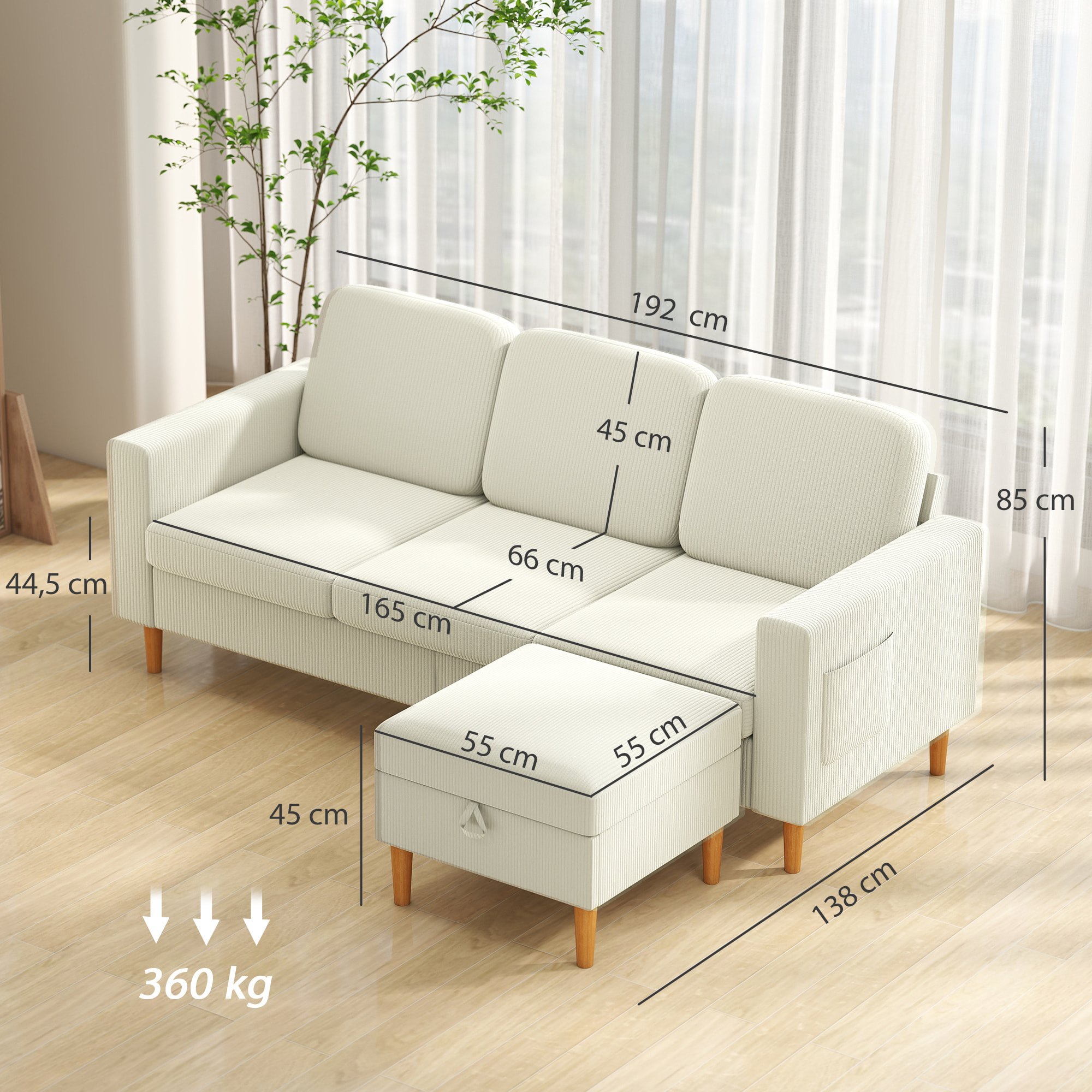 Canapé 3 places velours côtelé style nordique avec repose-pieds coffre coussins déhoussables beige clair