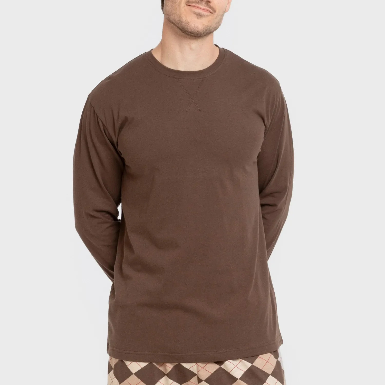 Pijama comprido em algodão para homem olmo castanho escuro mesclado