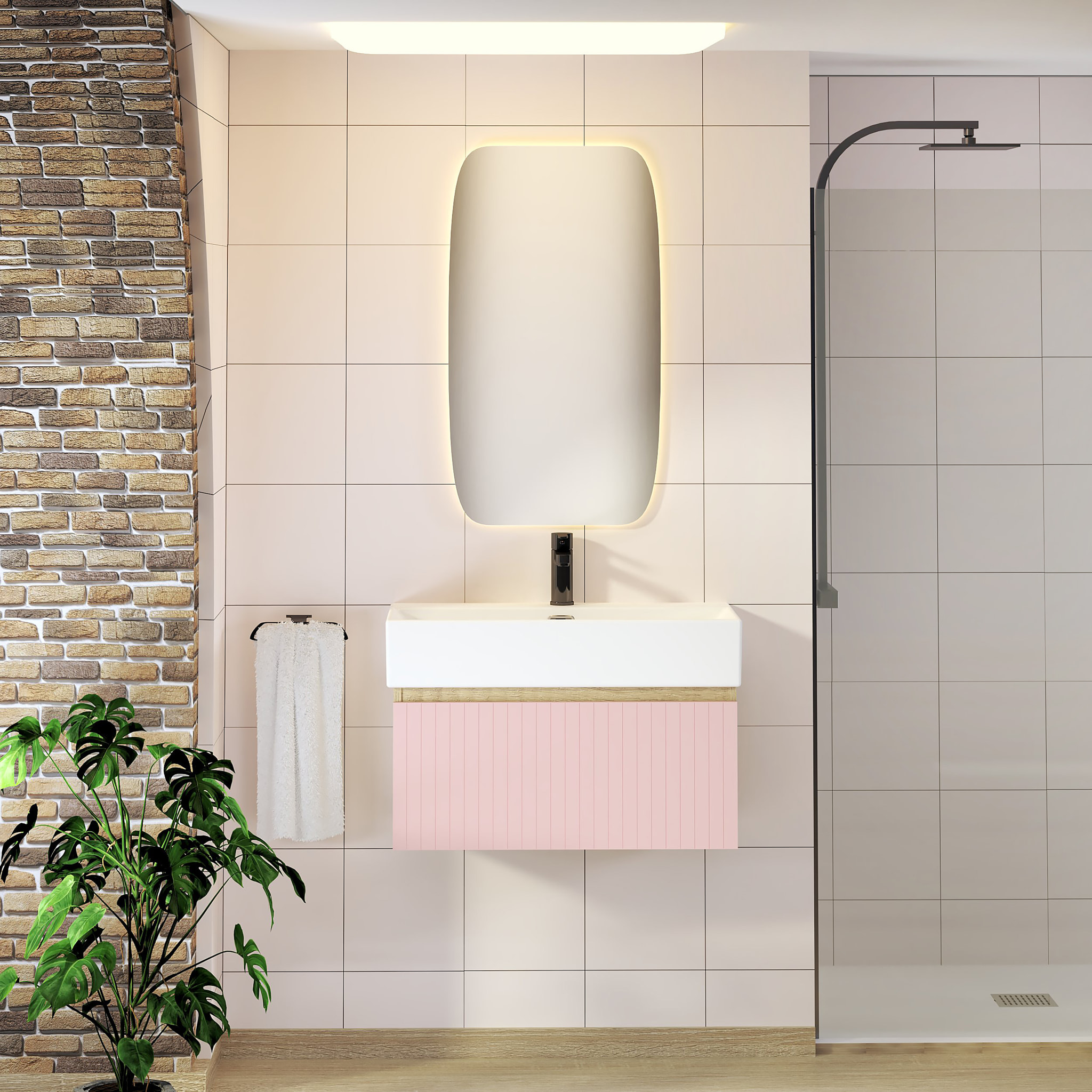 Ensemble de Salle de Bain Zel | Meuble Suspendu | 70 cm Rose | Un Tiroir | Lavabo Encastré | Miroir non inclus | Meuble Monté | Alday
