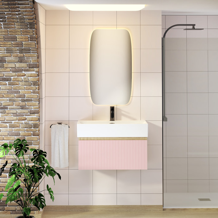 Ensemble de Salle de Bain Zel | Meuble Suspendu | 70 cm Rose | Un Tiroir | Lavabo Encastré | Miroir non inclus | Meuble Monté | Alday