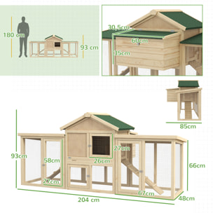 Gallinero de Madera 204x85x93 cm Jaula para 2-4 Gallinas Gallinero Grande con Nido Bandeja Extraíble Techo de Asfalto y Rampa para Exterior Natural