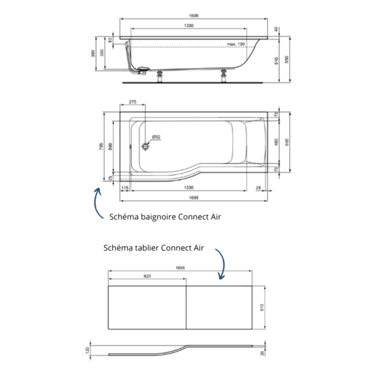 Baignoire bain douche 170 x 80 cm gauche Connect Air + tablier