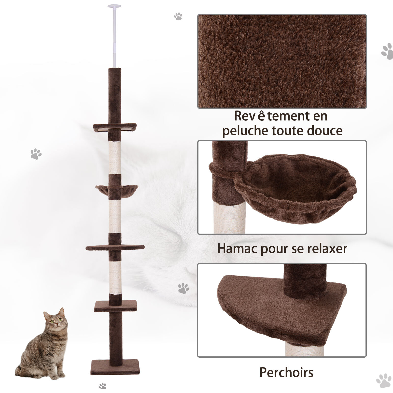 Arbre à chat poteau à griffer L40 x l 34 x H 230-260 cm 5 niveaux d'activités marron