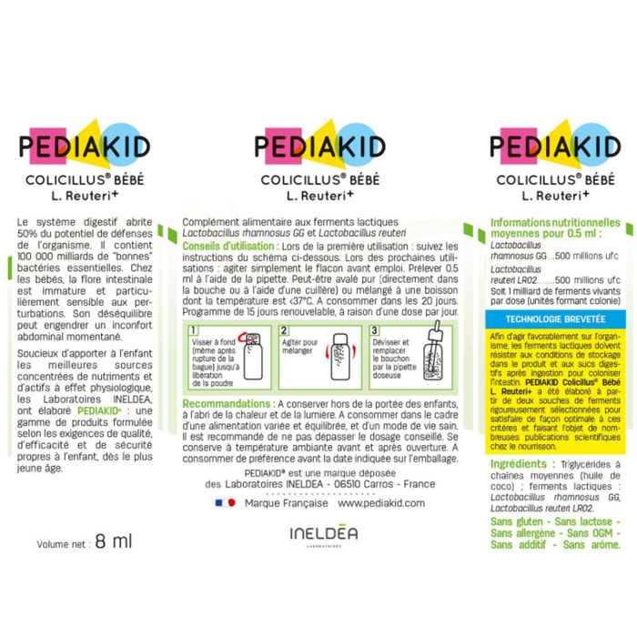 PEDIAKID - Colicillus® Bébé - Suspension Huileuse à base de Lactobacillus Rhamnosus GG - Teneur Garantie 1 Milliard par Prise - Réduit les Contractions Abdominales - Goût Neutre - Lot de 2
