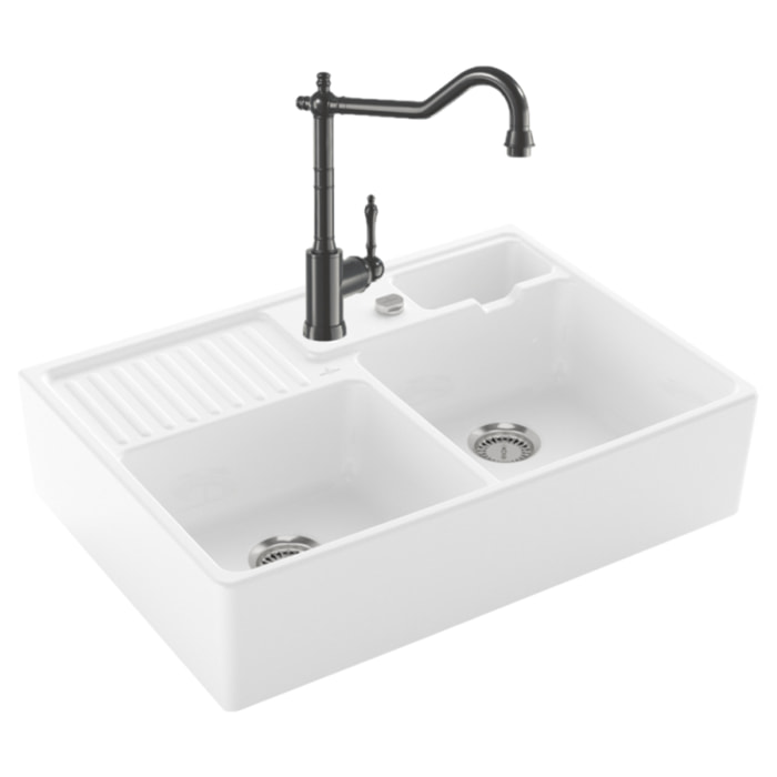 Evier Timbre d'office Tradition 2 bacs vidage auto + Robinet de cuisine Avia 2.0 Anthracite