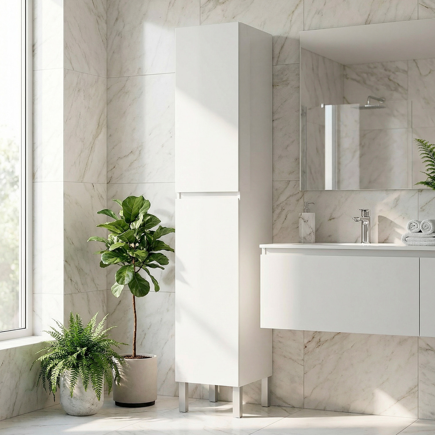 Mobile Alto Da Bagno Con 2 Ante E 6 Ripiani Salvaspazio Colonna Verticale Porta Asciugamani E Accessori 182 x 30 x 35 cm Bianco