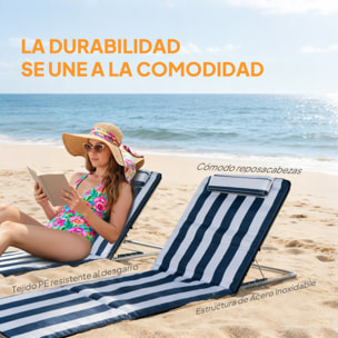 Conjunto de 2 Esterillas de Playa Plegables, Esterillas con Respaldo Reclinable en 5 Niveles, Reposacabezas y Bolsa de Transporte, 134x48x33-43 cm, Rayas Blanco y Azul
