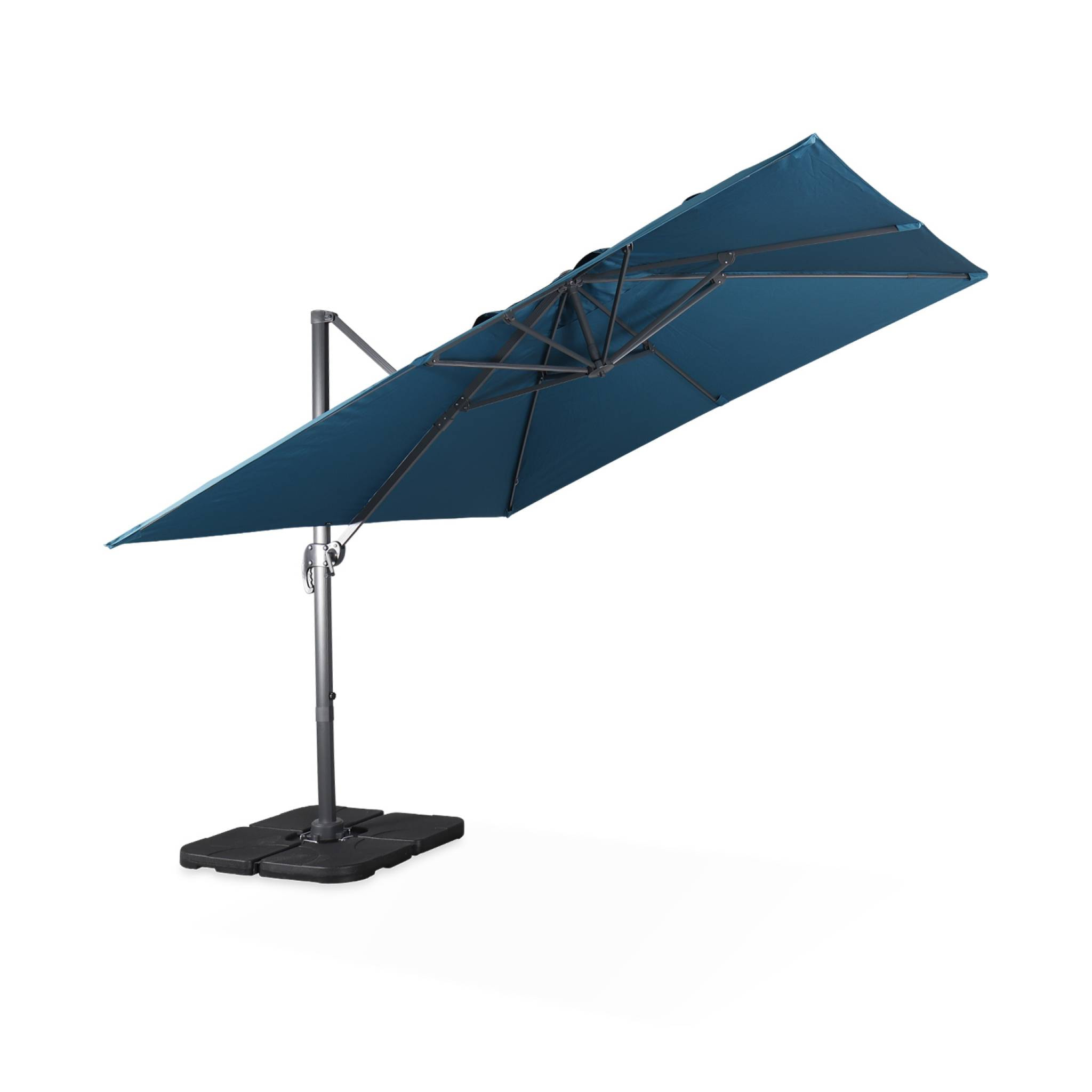 Parasol déporté carré bleu canard 3x3m structure grise + Lot de 4 dalles à lester 50x50cm