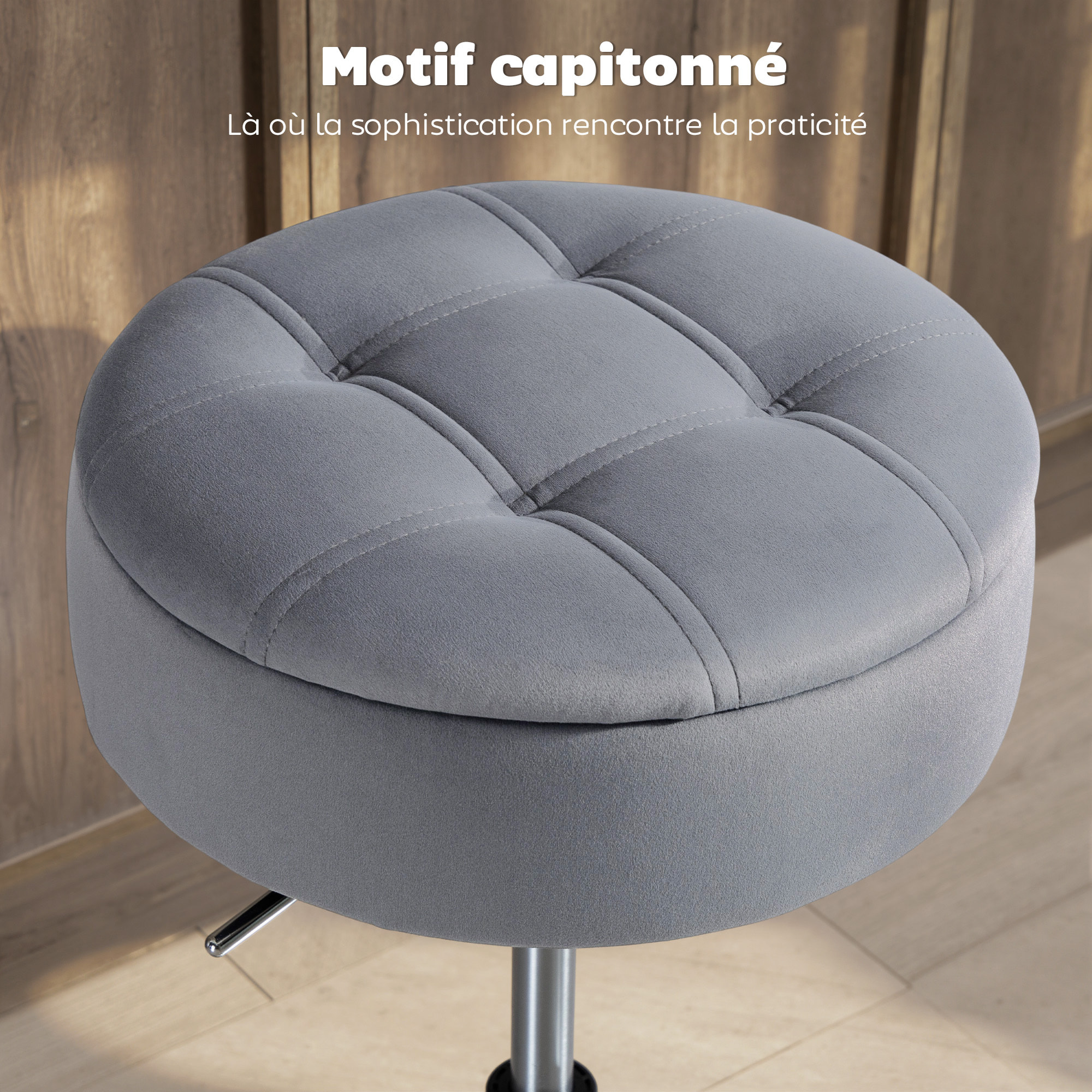 Tabouret de bar design velours acier chromé hauteur réglable H.49-65 cm gris