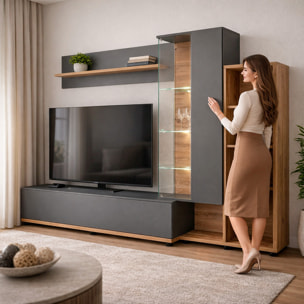 Parete Attrezzata Mobile TV Vetrina LED Living Mensola Vani Giorno Multifunzione Design Contemporaneo Arredo Casa 240 x 40 x 145 Cm Antracite Rovere