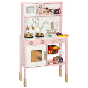 Cocina de Juguete de Madera con Sonido, Cocinita Infantil con Accesorios de Acero Inoxidable, Microondas, Horno, Fregadero, Verduras para Cortar, para Niños a Partir de 3 Años, Rosa
