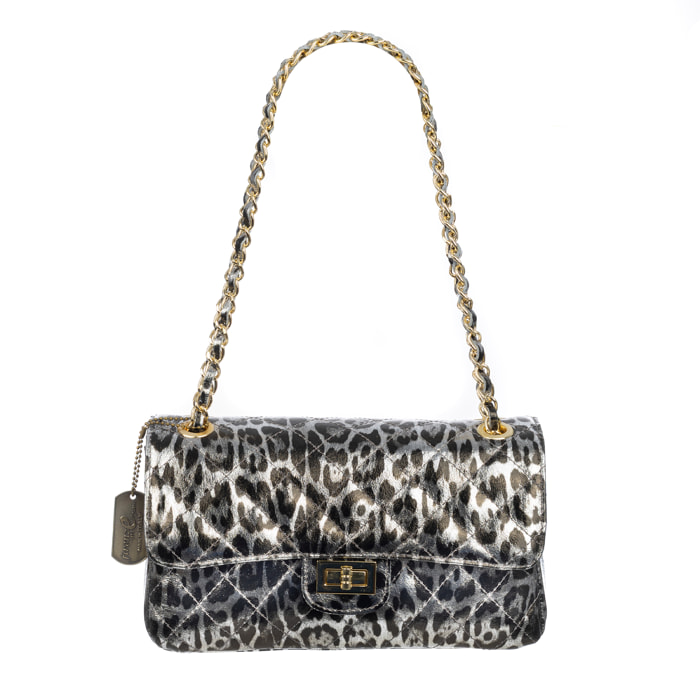 Caeli bolso de hombro Mujer. Piel auténtica Gamuza acolchada, animal print leopardo, lacado brillante.