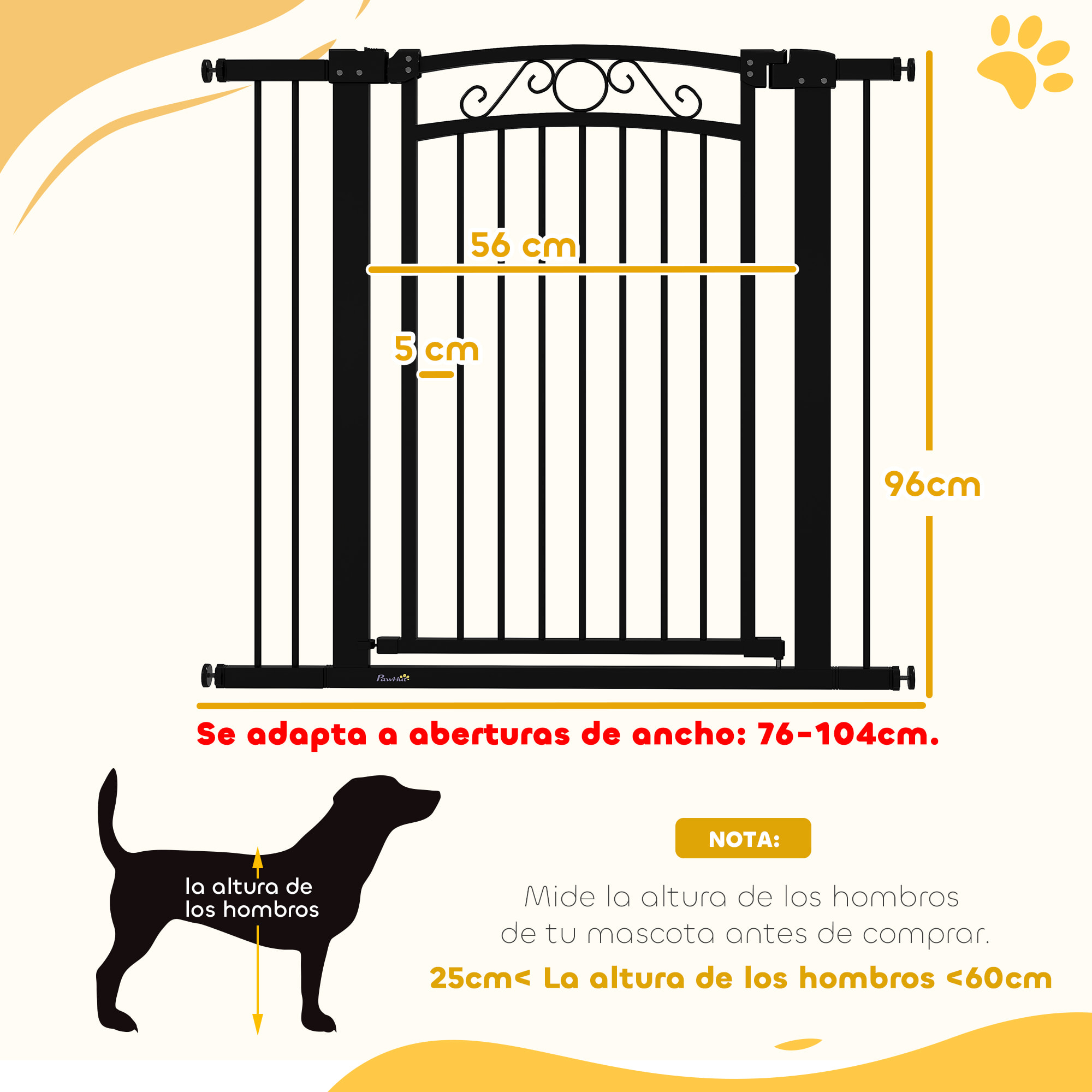 Barrera para Perros Puerta para Perros 76-104 cm Barrera de Seguridad para Mascotas con 2 Extensiones 7/14 cm y Doble Bloqueo para Escaleras y Puertas Negro