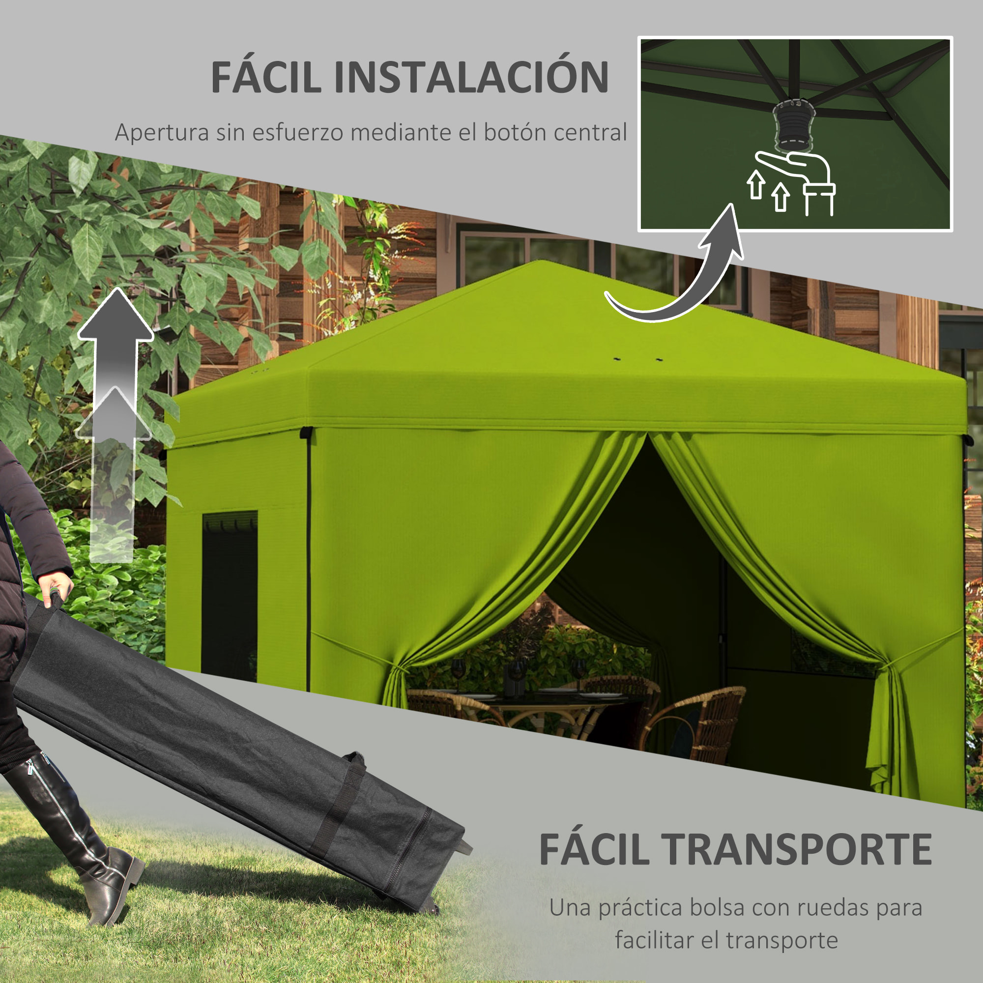 Carpa Plegable 3x3 m Cenador de Jardín con 4 Paredes Laterales 2 Ventanas de Malla Altura Ajustable Bolsa de Transporte Impermeable y Anti-UV para Camping Fiestas Verde