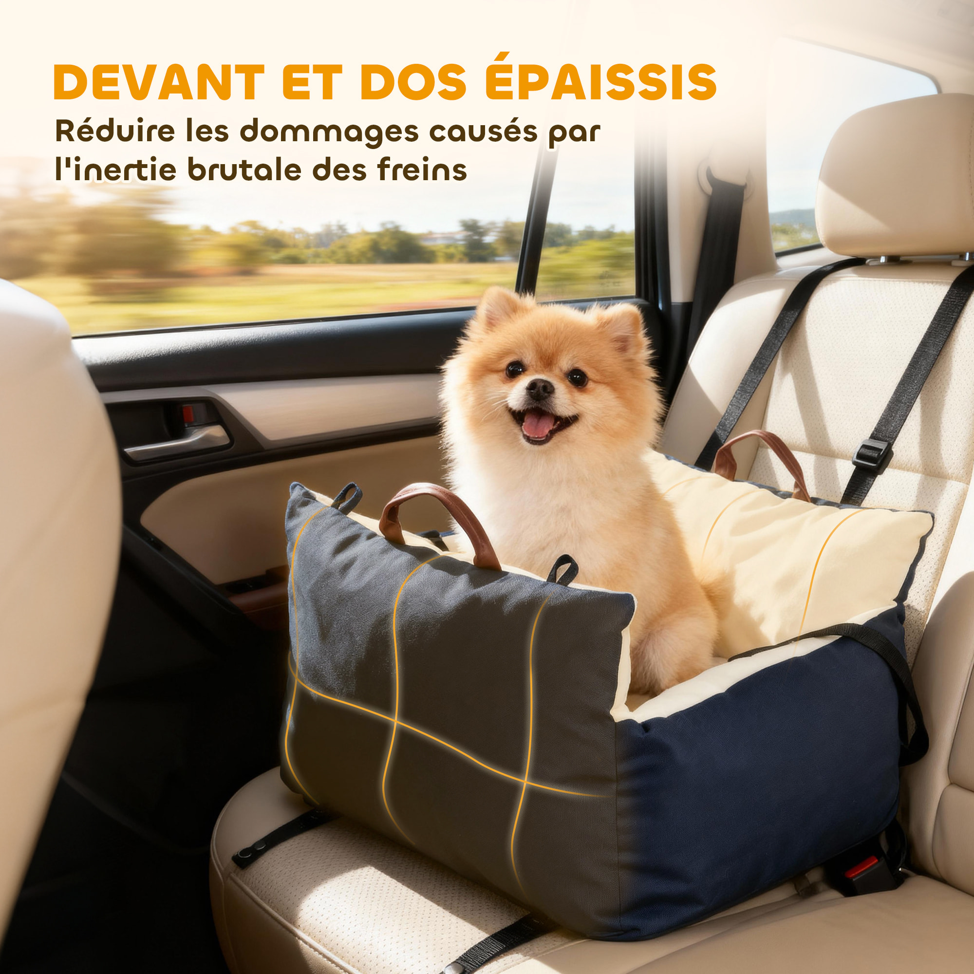 Siège auto sac de transport chien 2 en 1 - réglable - coussin déhoussable - coton bleu écru