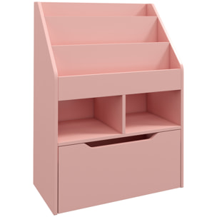 Bibliothèque étagère multi-rangement 3 étagères 2 niches grand tiroir MDF rose