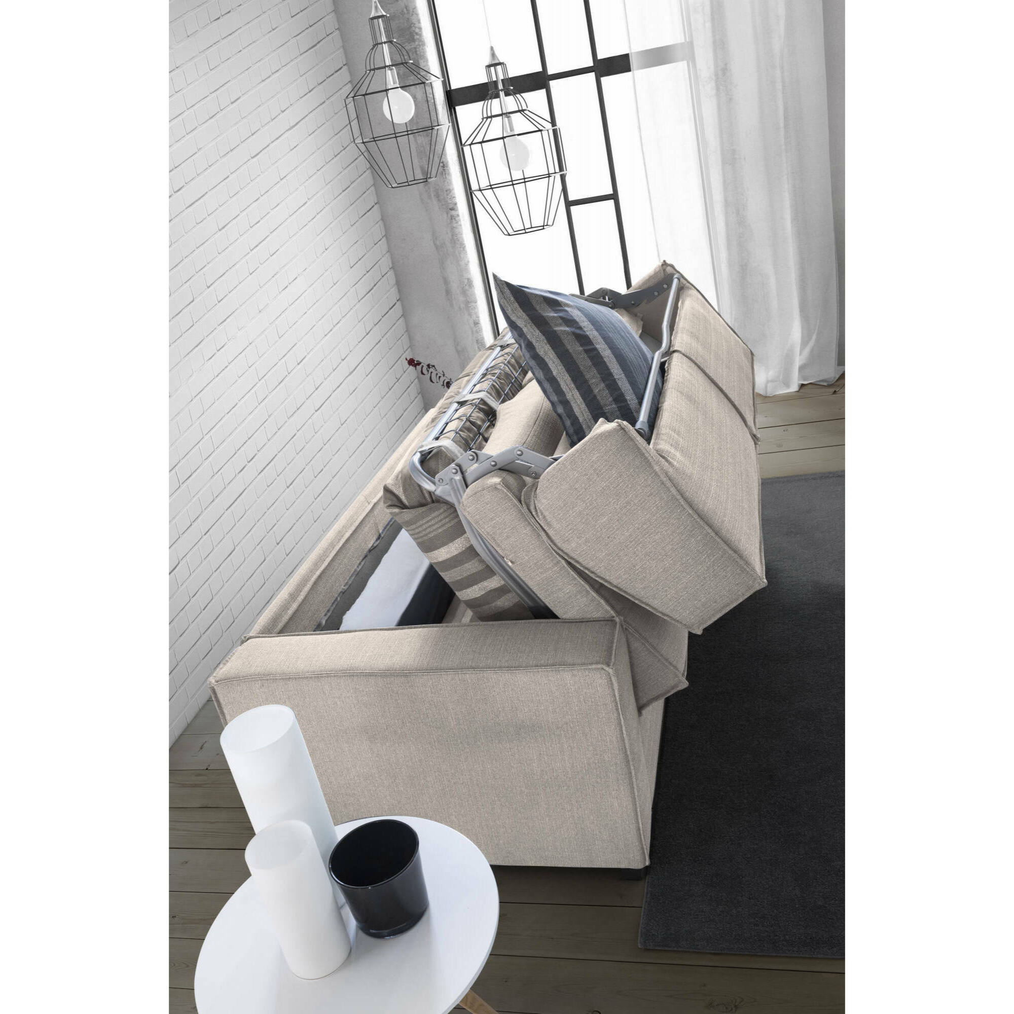 Divano letto 3 posti Asteroide, Sofà Soggiorno apertura girevole, Tessuto imbottito, Braccioli standard, 100% Made in Italy, Cm 220x95h90, Tortora