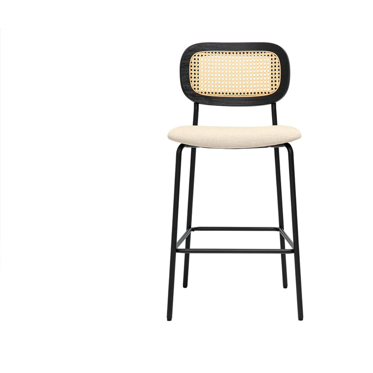 Tabourets design en tissu effet velours texturé beige, métal noir et cannage rotin (lot de 2) MIRANDA
