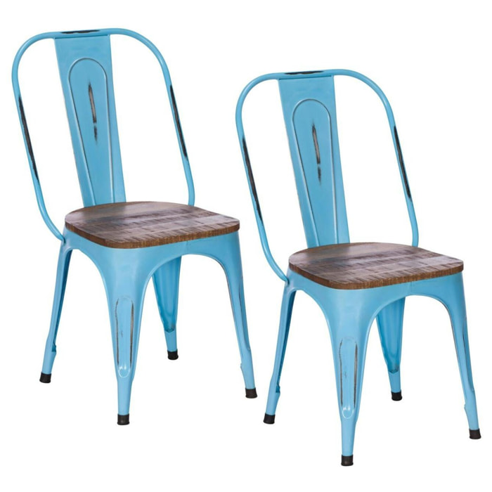 Chaise industrielle métal bleu bois recyclé LEEDS (lot de 2)