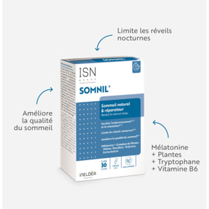 ISN - Somnil - Complément alimentaire - Mélatonine, plantes, vit.B6 - Facilite l'endormissement - Améliore le sommeil - Cure 30 jours
