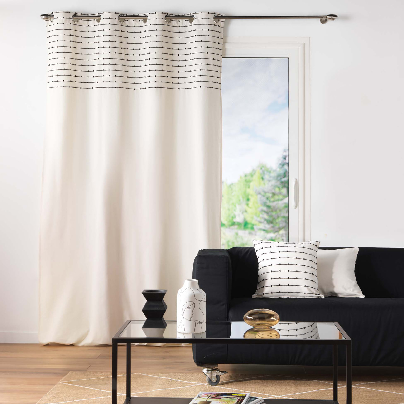 Rideau en coton recyclé à top fil coupé - Naturel