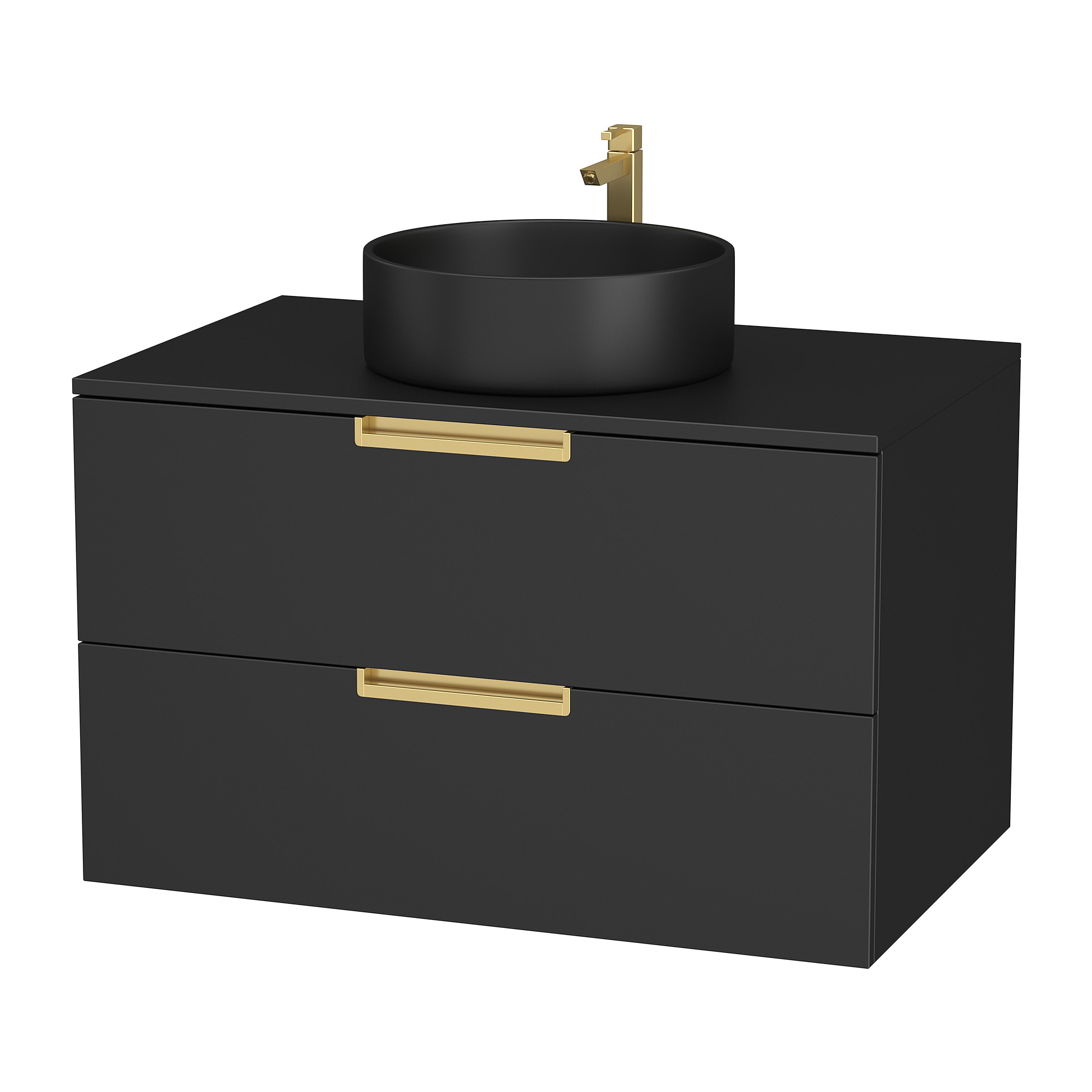 Meuble Salle de Bains 80 cm Laqué Noir Mat et Or Doré - 2 Tiroirs - Vasque Ronde à Poser Noire