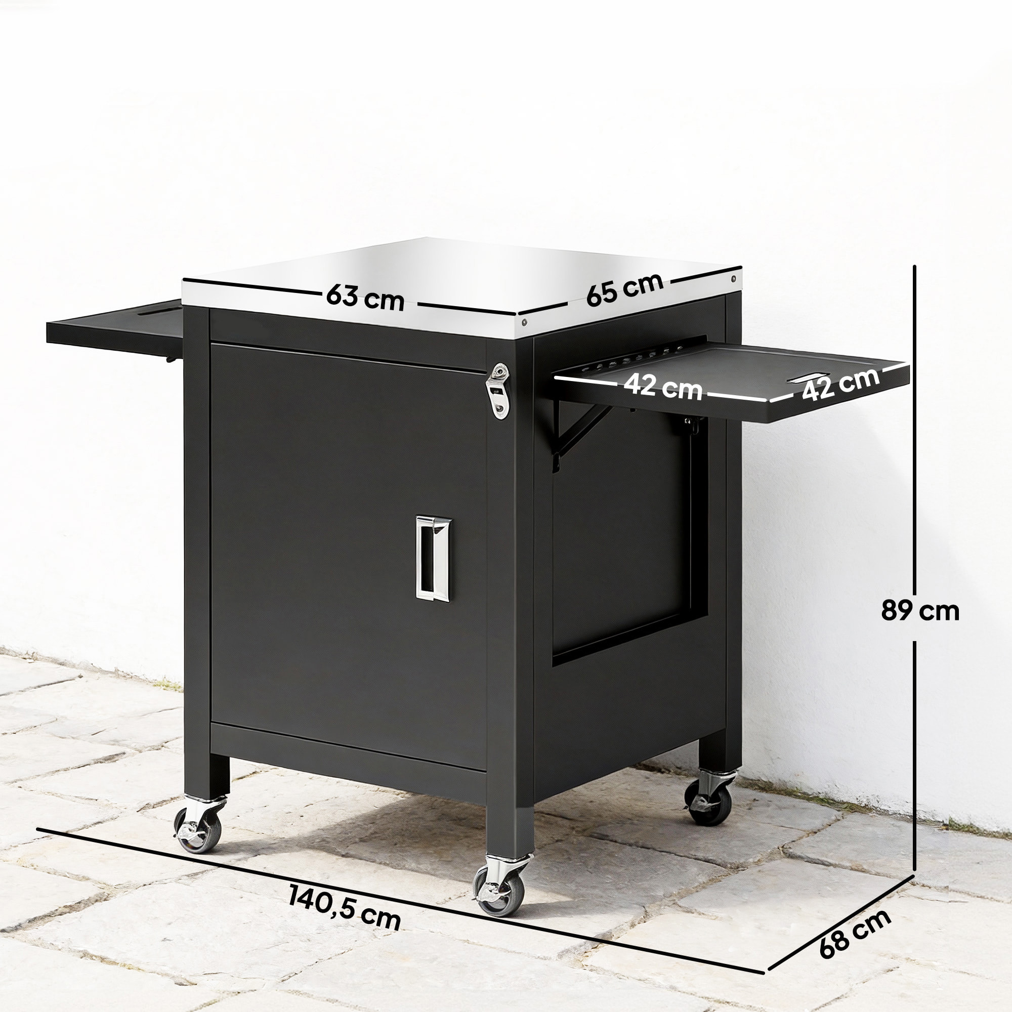 Desserte de jardin une porte 2 tablettes rabattables plateau acier inox