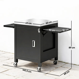Desserte de jardin une porte 2 tablettes rabattables plateau acier inox