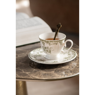 J-Line Tasse et sous-tasse fleurs - céramique - vert foncé/blanc - set de 6